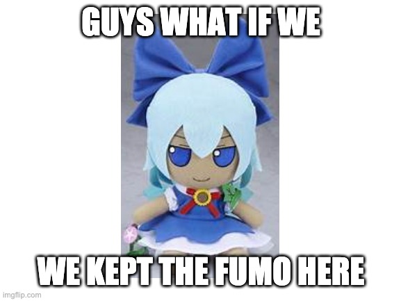 what if we kept the fumo here | GUYS WHAT IF WE; WE KEPT THE FUMO HERE | image tagged in blank white template | made w/ Imgflip meme maker