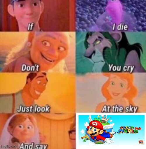 If I die I want somebody to look up at the sky and yell super Mario 64 | image tagged in if i die,disney killed star wars,star wars kills disney | made w/ Imgflip meme maker