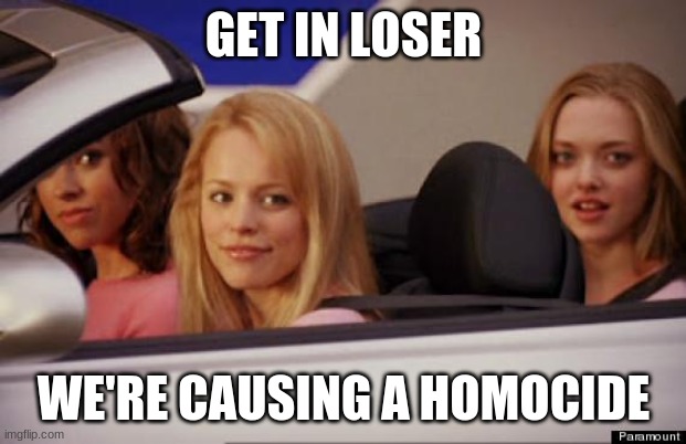 Get In Loser | GET IN LOSER WE'RE CAUSING A HOMOCIDE | image tagged in get in loser | made w/ Imgflip meme maker