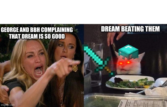 True | DREAM BEATING THEM; GEORGE AND BBH COMPLAINING THAT DREAM IS SO GOOD | image tagged in memes,woman yelling at cat | made w/ Imgflip meme maker