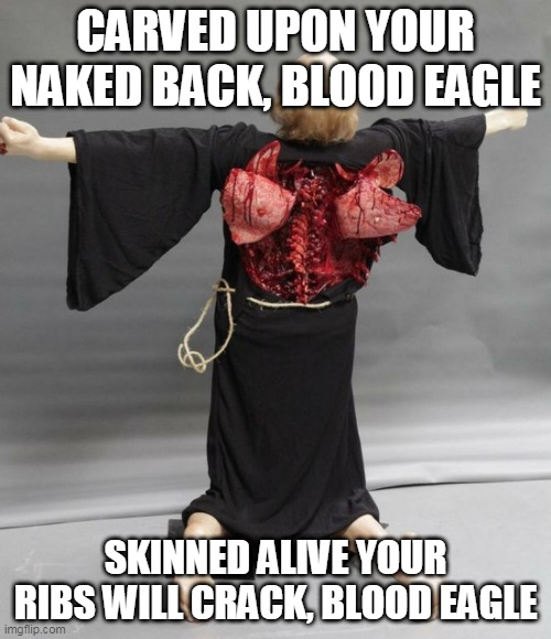 Blood Eagle | CARVED UPON YOUR NAKED BACK, BLOOD EAGLE; SKINNED ALIVE YOUR RIBS WILL CRACK, BLOOD EAGLE | image tagged in blood eagle,amon amarth,viking,vikings,execution,metal | made w/ Imgflip meme maker
