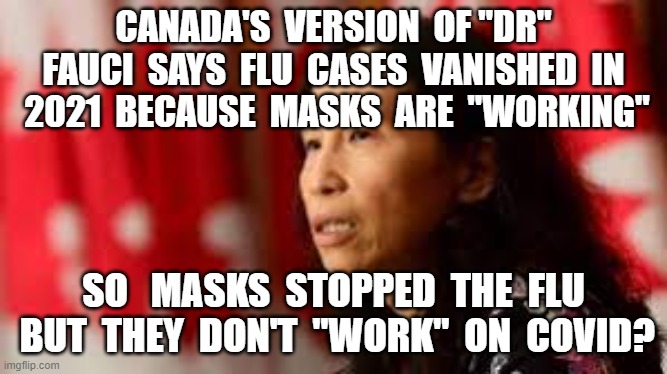 CANADA'S  VERSION  OF "DR" FAUCI  SAYS  FLU  CASES  VANISHED  IN  2021  BECAUSE  MASKS  ARE  "WORKING"; SO   MASKS  STOPPED  THE  FLU  BUT  THEY  DON'T  "WORK"  ON  COVID? | image tagged in plandemic,covid19,masks,china virus,nwo | made w/ Imgflip meme maker