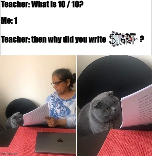 Teacher: What is 10 / 10? Me: 1; Teacher: then why did you write; ? | image tagged in white background,woman showing paper to cat | made w/ Imgflip meme maker