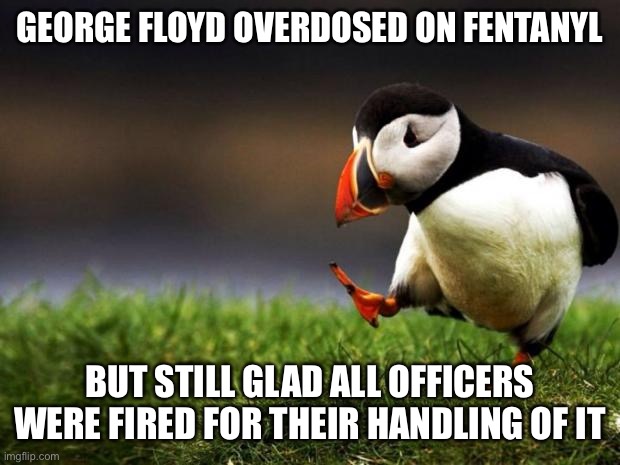 Unpopular Squared | GEORGE FLOYD OVERDOSED ON FENTANYL; BUT STILL GLAD ALL OFFICERS WERE FIRED FOR THEIR HANDLING OF IT | image tagged in memes,unpopular opinion puffin,george floyd,blm | made w/ Imgflip meme maker