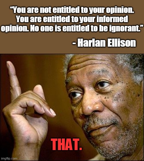 Now that's some down to Earth bold truth. | “You are not entitled to your opinion. You are entitled to your informed opinion. No one is entitled to be ignorant.”; - Harlan Ellison; THAT. | image tagged in this morgan freeman,harlan ellison,informed opinion,ignorant,liberalism,facts do not care about your feewings | made w/ Imgflip meme maker