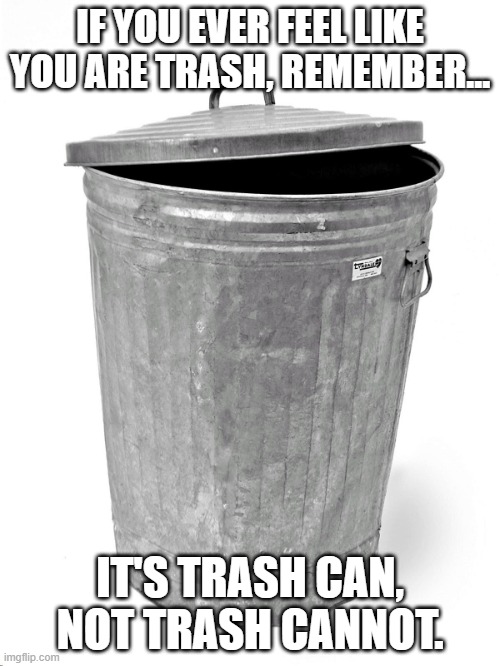 Just thought it was funny | IF YOU EVER FEEL LIKE YOU ARE TRASH, REMEMBER... IT'S TRASH CAN, NOT TRASH CANNOT. | image tagged in trash can | made w/ Imgflip meme maker