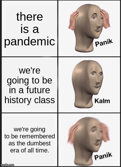 Panik Kalm Panik | there is a pandemic; we're going to be in a future history class; we're going to be remembered as the dumbest era of all time. | image tagged in memes,panik kalm panik | made w/ Imgflip meme maker