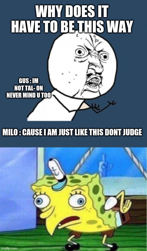 Brother hood | WHY DOES IT HAVE TO BE THIS WAY; GUS : IM NOT TAL- ON NEVER MIND U TOO; MILO : CAUSE I AM JUST LIKE THIS DONT JUDGE | image tagged in memes,y u no,mocking spongebob | made w/ Imgflip meme maker