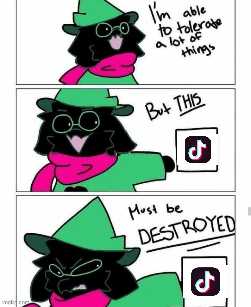tiktok = must be nuked | image tagged in ralsei destroy | made w/ Imgflip meme maker