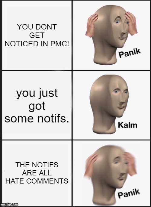 OML MY FG | YOU DONT GET NOTICED IN PMC! you just got some notifs. THE NOTIFS ARE ALL HATE COMMENTS | image tagged in memes,panik kalm panik | made w/ Imgflip meme maker