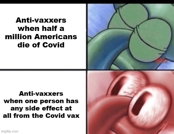 Priorities |  Anti-vaxxers when half a million Americans die of Covid; Anti-vaxxers when one person has any side effect at all from the Covid vax | image tagged in squidward sleeping,covid-19,vaccines | made w/ Imgflip meme maker