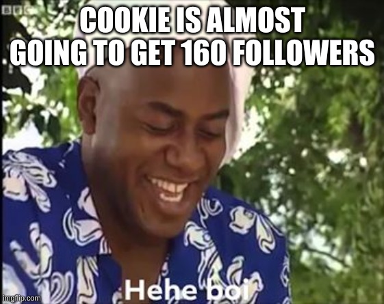 E | COOKIE IS ALMOST GOING TO GET 160 FOLLOWERS | image tagged in hehe boi | made w/ Imgflip meme maker