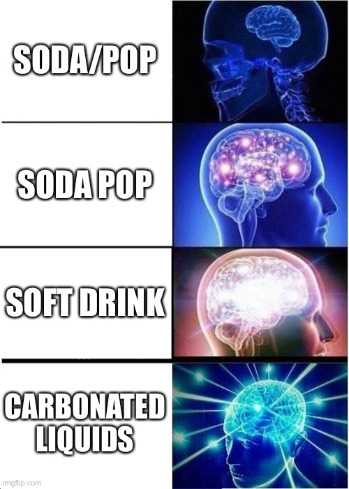 Expanding Brain Meme | SODA/POP; SODA POP; SOFT DRINK; CARBONATED LIQUIDS | image tagged in memes,expanding brain | made w/ Imgflip meme maker