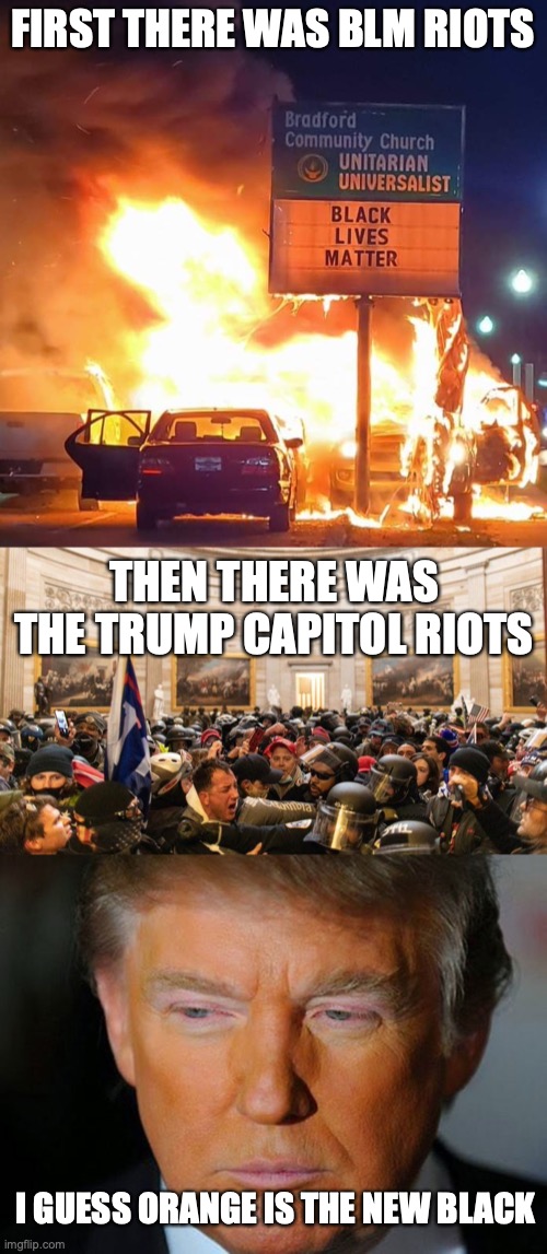 FIRST THERE WAS BLM RIOTS; THEN THERE WAS THE TRUMP CAPITOL RIOTS; I GUESS ORANGE IS THE NEW BLACK | image tagged in black lives matter,capitol protestors,trump orange | made w/ Imgflip meme maker