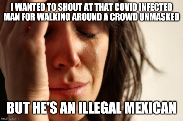 First World Problems | I WANTED TO SHOUT AT THAT COVID INFECTED MAN FOR WALKING AROUND A CROWD UNMASKED; BUT HE'S AN ILLEGAL MEXICAN | image tagged in memes,first world problems | made w/ Imgflip meme maker