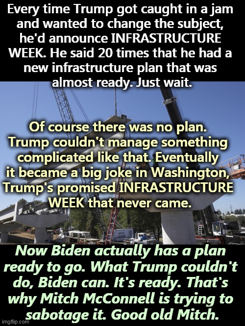 All those new jobs at stake, and Mitch McConnell doesn't want it to happen, because for him, party comes ahead of country. | Every time Trump got caught in a jam 
and wanted to change the subject, 
he'd announce INFRASTRUCTURE 
WEEK. He said 20 times that he had a 
new infrastructure plan that was 
almost ready. Just wait. Of course there was no plan. 
Trump couldn't manage something 

complicated like that. Eventually 
it became a big joke in Washington, 
Trump's promised INFRASTRUCTURE 
WEEK that never came. Now Biden actually has a plan 
ready to go. What Trump couldn't 
do, Biden can. It's ready. That's 
why Mitch McConnell is trying to 
sabotage it. Good old Mitch. | image tagged in trump,failure,biden,success,mitch mcconnell,obstruction | made w/ Imgflip meme maker