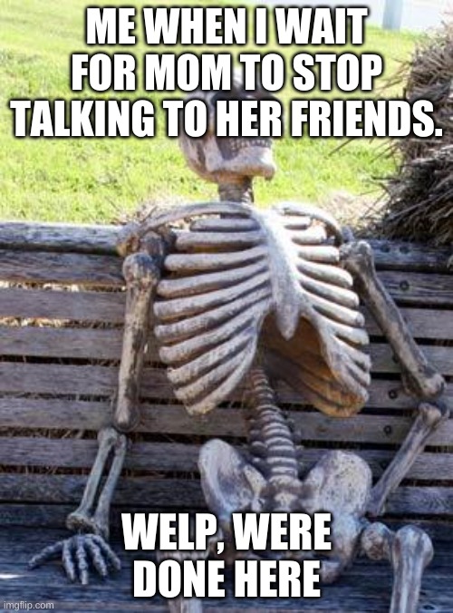 Waiting Skeleton | ME WHEN I WAIT FOR MOM TO STOP TALKING TO HER FRIENDS. WELP, WERE DONE HERE | image tagged in memes,waiting skeleton | made w/ Imgflip meme maker