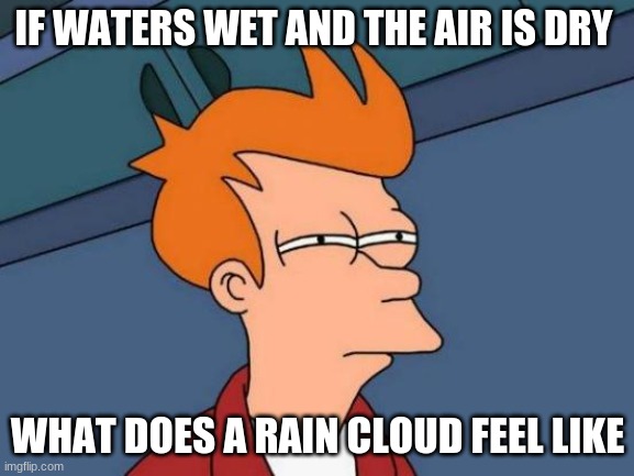 Futurama Fry | IF WATERS WET AND THE AIR IS DRY; WHAT DOES A RAIN CLOUD FEEL LIKE | image tagged in memes,futurama fry,how,questioning,help me | made w/ Imgflip meme maker