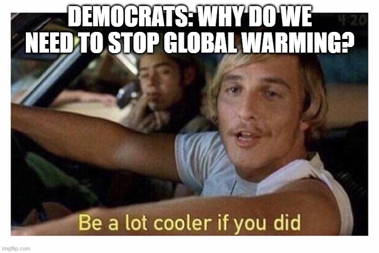 r/technically the truth | DEMOCRATS: WHY DO WE NEED TO STOP GLOBAL WARMING? | image tagged in be a lot cooler if you did | made w/ Imgflip meme maker