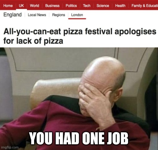 A "No pizza" festival | YOU HAD ONE JOB | image tagged in captain picard facepalm,funny,pizza,you had one job just the one,task failed successfully,stupid | made w/ Imgflip meme maker