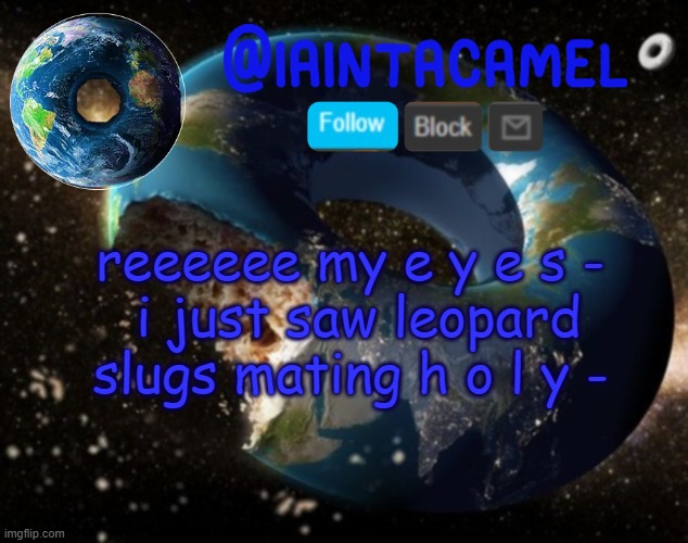 ITS BRIGHT BLUE- | reeeeee my e y e s -
 i just saw leopard slugs mating h o l y - | image tagged in iaintacamel | made w/ Imgflip meme maker