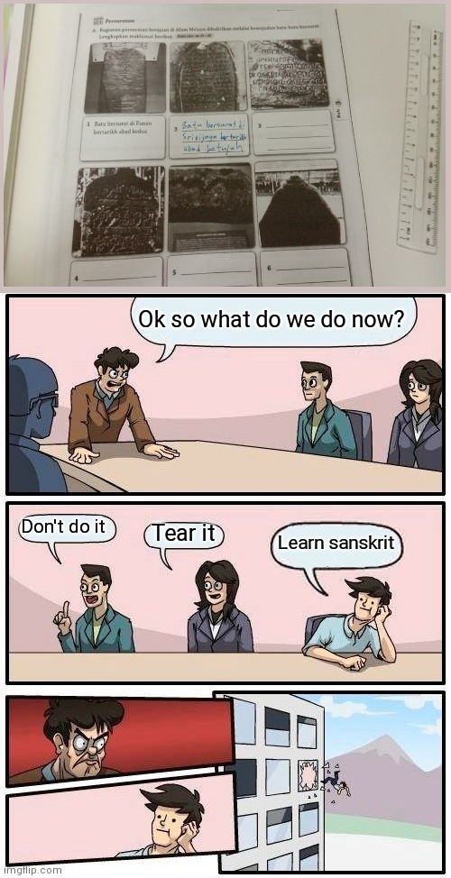 Who knows how to speak sanskrit? | Ok so what do we do now? Don't do it; Tear it; Learn sanskrit | image tagged in memes,boardroom meeting suggestion | made w/ Imgflip meme maker