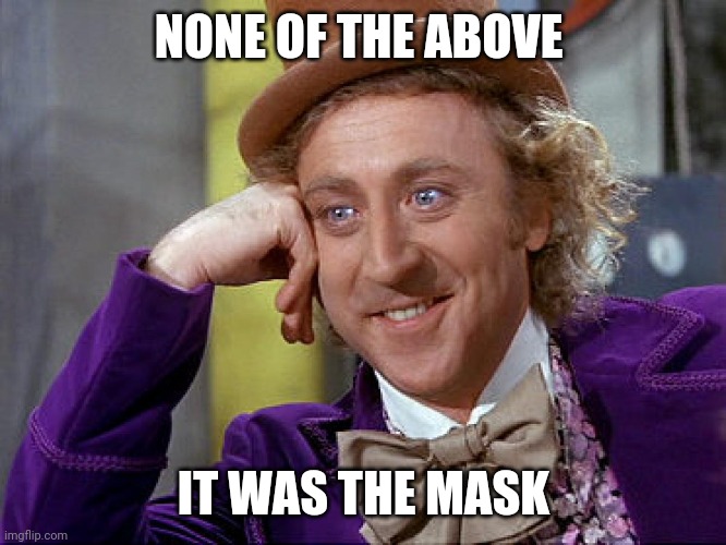 Big Willy Wonka Tell Me Again | NONE OF THE ABOVE IT WAS THE MASK | image tagged in big willy wonka tell me again | made w/ Imgflip meme maker