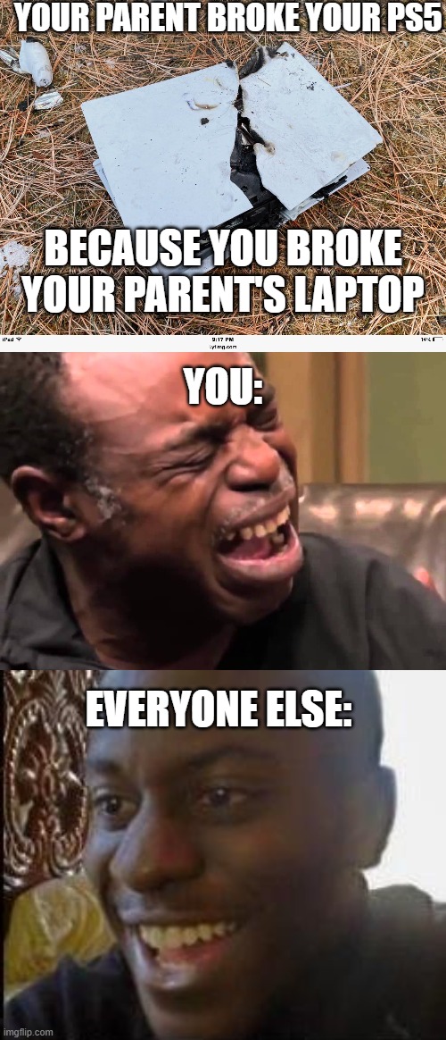 There must have been someone in this incident. :v | YOUR PARENT BROKE YOUR PS5; BECAUSE YOU BROKE YOUR PARENT'S LAPTOP; YOU:; EVERYONE ELSE: | image tagged in butthurt old black guy crying,disappointed black guy | made w/ Imgflip meme maker