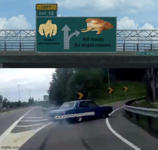 Left Exit 12 Off Ramp Meme | Be kind to other human beings. Kill mostly for stupid reasons. Most of all the human history. | image tagged in memes,left exit 12 off ramp,stupid | made w/ Imgflip meme maker