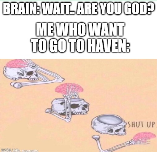idk how but it happend to me yesterday | BRAIN: WAIT.. ARE YOU GOD? ME WHO WANT TO GO TO HAVEN: | image tagged in shut up,brain,god | made w/ Imgflip meme maker