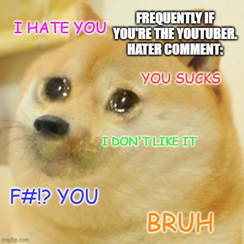 frequently if you're the youtuber | FREQUENTLY IF YOU'RE THE YOUTUBER.
HATER COMMENT:; I HATE YOU; YOU SUCKS; I DON'T LIKE IT; F#!? YOU; BRUH | image tagged in crying doge,memes,funny | made w/ Imgflip meme maker