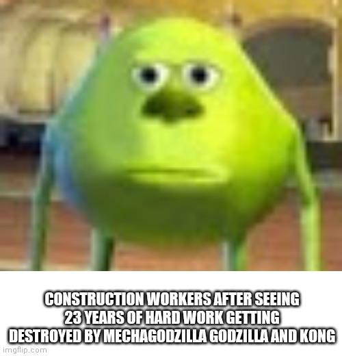 Sully Wazowski | CONSTRUCTION WORKERS AFTER SEEING 23 YEARS OF HARD WORK GETTING DESTROYED BY MECHAGODZILLA GODZILLA AND KONG | image tagged in sully wazowski,godzilla,king kong | made w/ Imgflip meme maker