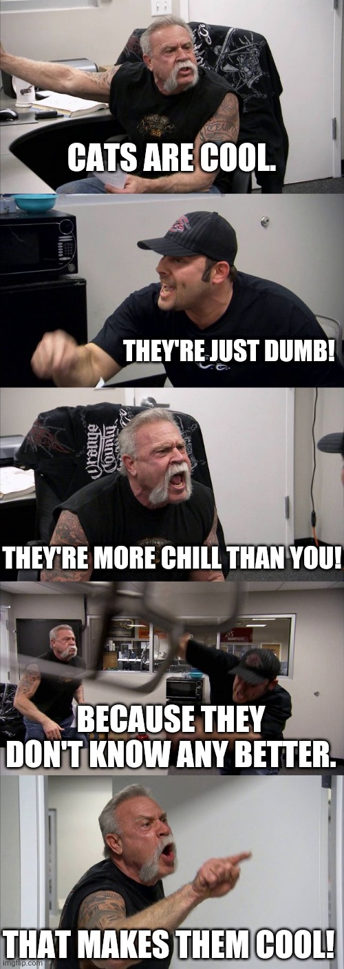 Ergo, Dumb Is Cool! | CATS ARE COOL. THEY'RE JUST DUMB! THEY'RE MORE CHILL THAN YOU! BECAUSE THEY DON'T KNOW ANY BETTER. THAT MAKES THEM COOL! | image tagged in memes,american chopper argument,dumb,cool,cats,argument | made w/ Imgflip meme maker