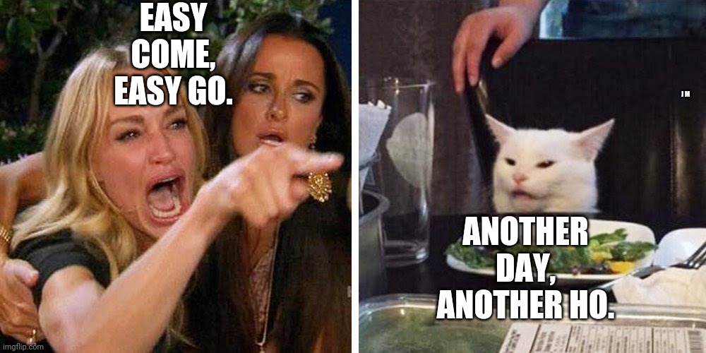 Smudge the cat | EASY COME, EASY GO. ANOTHER DAY, ANOTHER HO. J M | image tagged in smudge the cat | made w/ Imgflip meme maker