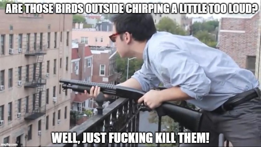 ARE THOSE BIRDS OUTSIDE CHIRPING A LITTLE TOO LOUD? WELL, JUST FUCKING KILL THEM! | made w/ Imgflip meme maker