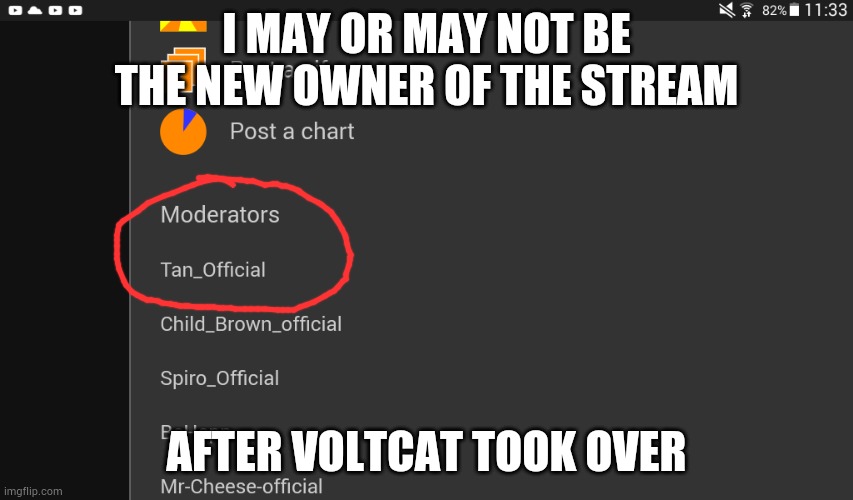 It says I am the first mod soooo... | I MAY OR MAY NOT BE THE NEW OWNER OF THE STREAM; AFTER VOLTCAT TOOK OVER | made w/ Imgflip meme maker