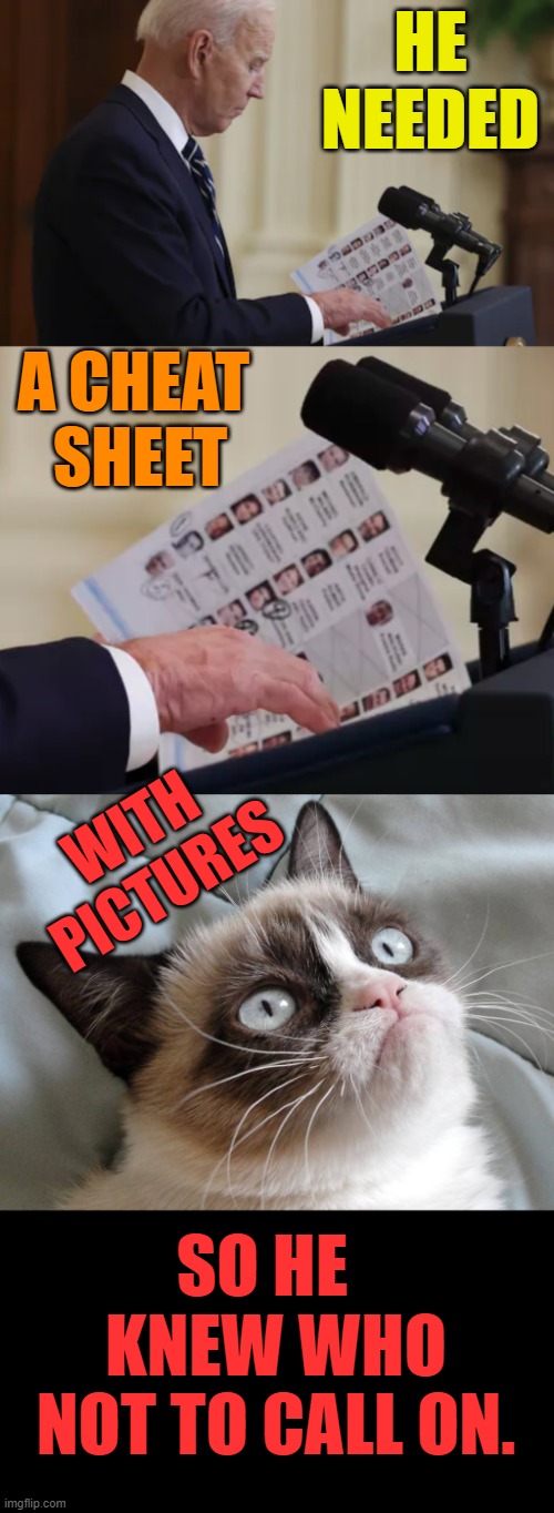 Joe Biden's 1st Press Conference (Part Two) | HE NEEDED; A CHEAT  SHEET; WITH PICTURES; SO HE   KNEW WHO NOT TO CALL ON. | image tagged in politics,joe biden,press conference,cheat sheet,pictures,grumpy cat | made w/ Imgflip meme maker