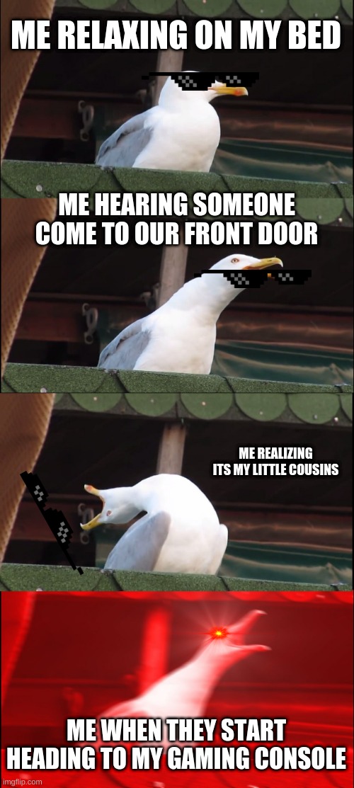 Inhaling Seagull Meme | ME RELAXING ON MY BED; ME HEARING SOMEONE COME TO OUR FRONT DOOR; ME REALIZING ITS MY LITTLE COUSINS; ME WHEN THEY START HEADING TO MY GAMING CONSOLE | image tagged in memes,inhaling seagull | made w/ Imgflip meme maker