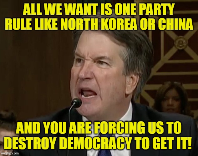 Republicans: Just let us win damn it! We don't have any plans for helping America, but we never cared about you anyway | ALL WE WANT IS ONE PARTY RULE LIKE NORTH KOREA OR CHINA; AND YOU ARE FORCING US TO DESTROY DEMOCRACY TO GET IT! | image tagged in raging kavanaugh | made w/ Imgflip meme maker