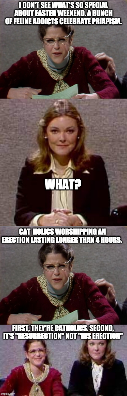 resurrection | I DON'T SEE WHAT'S SO SPECIAL ABOUT EASTER WEEKEND. A BUNCH OF FELINE ADDICTS CELEBRATE PRIAPISM. WHAT? CAT  HOLICS WORSHIPPING AN ERECTION LASTING LONGER THAN 4 HOURS. FIRST, THEY'RE CATHOLICS. SECOND, IT'S "RESURRECTION" NOT "HIS ERECTION" | image tagged in emily litella,jane curtin,pharmacy,erections,easter,catholics | made w/ Imgflip meme maker