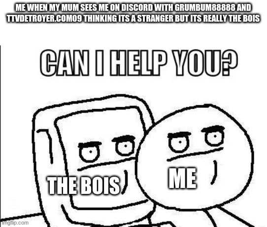 YUP | ME WHEN MY MUM SEES ME ON DISCORD WITH GRUMBUM88888 AND TTVDETROYER.COM09 THINKING ITS A STRANGER BUT ITS REALLY THE BOIS; ME; THE BOIS | image tagged in can i help you | made w/ Imgflip meme maker