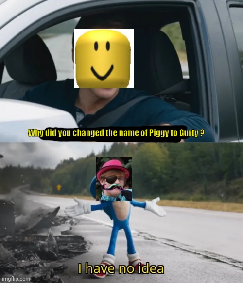 Change it back Minitoon forgot about the name the new piggy face is weird as well | Why did you changed the name of Piggy to Gurty ? | image tagged in sonic i have no idea | made w/ Imgflip meme maker