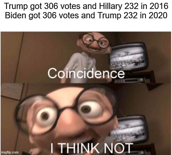 That's seems off a bit, the same as last time but parties switched in a row... | Trump got 306 votes and Hillary 232 in 2016
Biden got 306 votes and Trump 232 in 2020 | image tagged in coincidence i think not,odd,election | made w/ Imgflip meme maker