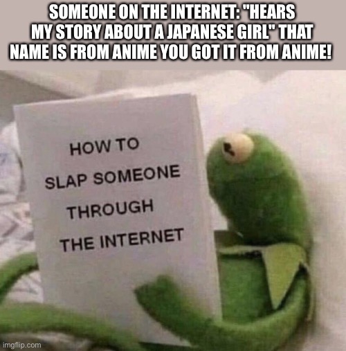 Kermit How to slap someone through the internet | SOMEONE ON THE INTERNET: "HEARS MY STORY ABOUT A JAPANESE GIRL" THAT NAME IS FROM ANIME YOU GOT IT FROM ANIME! | image tagged in kermit how to slap someone through the internet | made w/ Imgflip meme maker