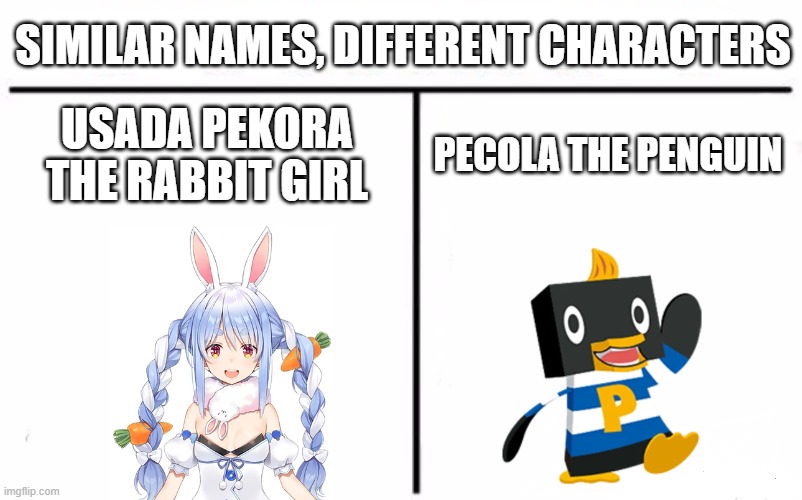 I'm for the right | SIMILAR NAMES, DIFFERENT CHARACTERS; USADA PEKORA THE RABBIT GIRL; PECOLA THE PENGUIN | image tagged in memes,who would win,pecola,pekora,hololive | made w/ Imgflip meme maker