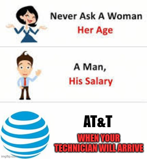 Never ask a woman her age | AT&T; WHEN YOUR TECHNICIAN WILL ARRIVE | image tagged in never ask a woman her age | made w/ Imgflip meme maker