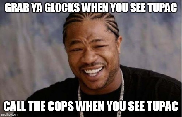 Yo Dawg Heard You Meme | GRAB YA GLOCKS WHEN YOU SEE TUPAC; CALL THE COPS WHEN YOU SEE TUPAC | image tagged in memes,yo dawg heard you,tupac,2pac,xzibit | made w/ Imgflip meme maker