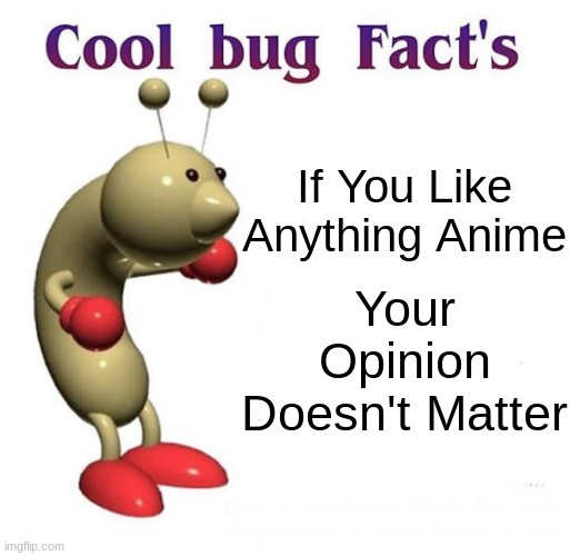 doesn't matter booooooooi | If You Like Anything Anime; Your Opinion Doesn't Matter | image tagged in cool bug facts,funny,memes | made w/ Imgflip meme maker