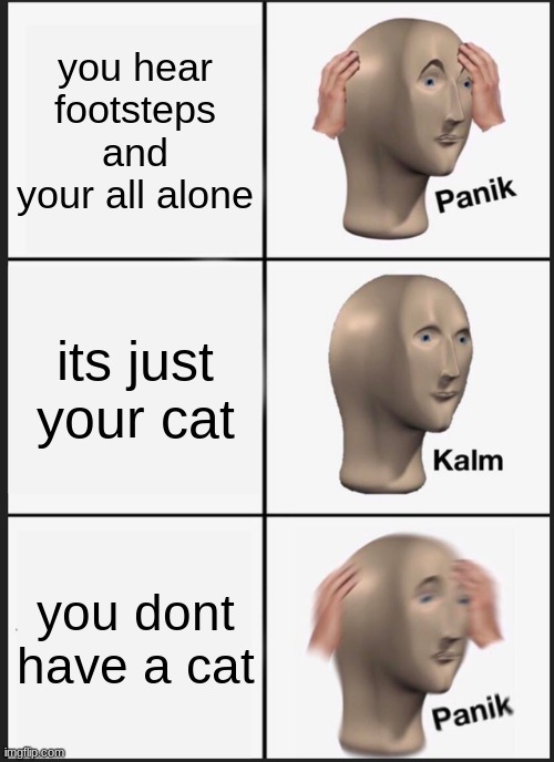 Panik Kalm Panik Meme | you hear footsteps and your all alone; its just your cat; you dont have a cat | image tagged in memes,panik kalm panik | made w/ Imgflip meme maker