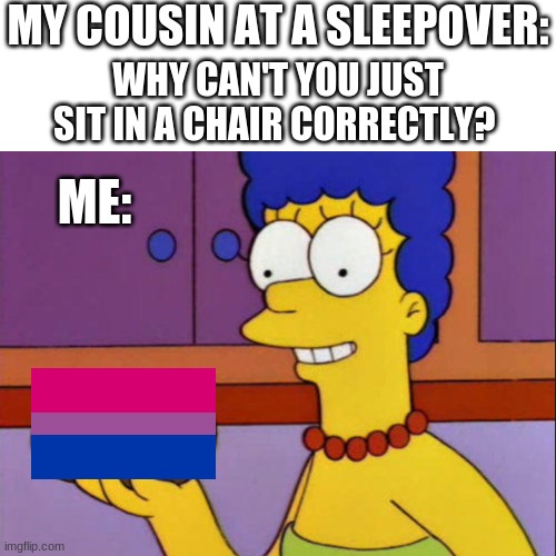  MY COUSIN AT A SLEEPOVER:; WHY CAN'T YOU JUST SIT IN A CHAIR CORRECTLY? ME: | image tagged in lgbtq,bi,she/they,closeted bi | made w/ Imgflip meme maker
